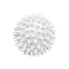 A close-up view of a white reusable laundry ball product.
