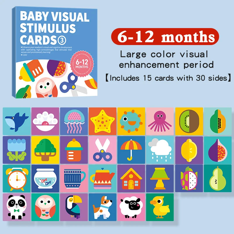 A set of Montessori high-contrast flash cards for baby visual stimulation featuring various colorful and textured images.