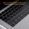 A close-up view of a soft, invisible shield keyboard cover made of engineering-grade TPU material for a MacBook.