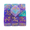 A set of twelve acrylic D6 counter dice showing various colored and numbered faces.