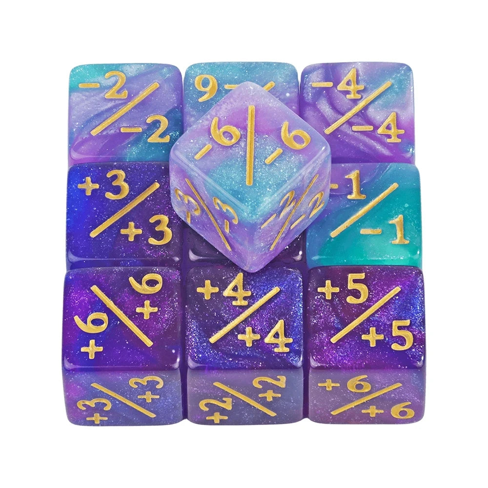 A set of twelve acrylic D6 counter dice showing various colored and numbered faces.
