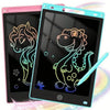 A pink and blue drawing tablet with a dinosaur outline drawn in light lines on the screen.