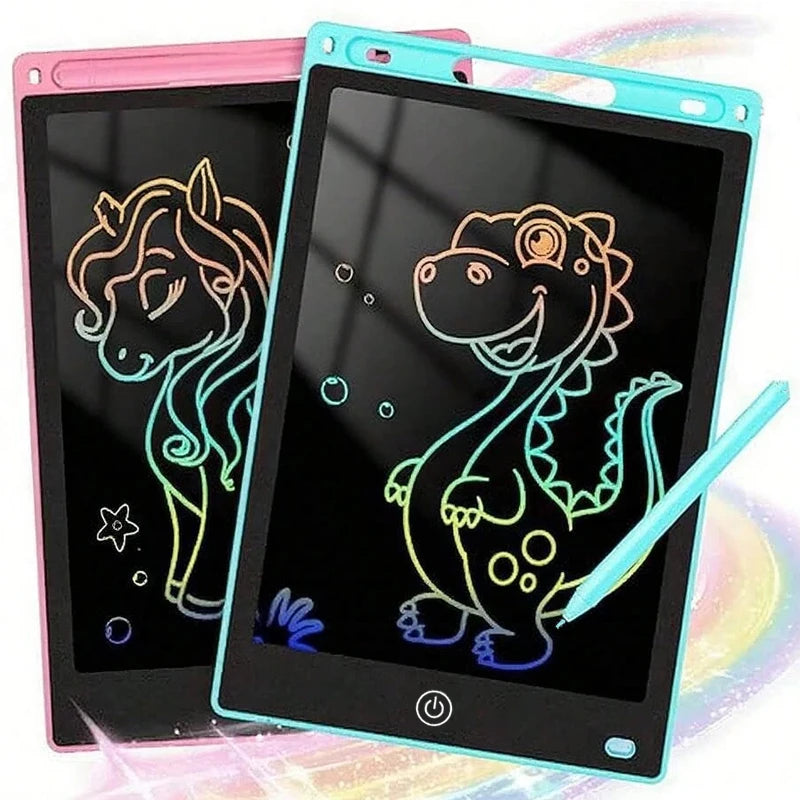 A pink and blue drawing tablet featuring a glowing outline of a dinosaur on the screen.