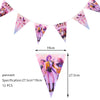 A string of pink and purple triangular pennants featuring anime-style girls for a birthday party decoration kit