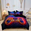 A dark blue duvet cover featuring a glowing orange and purple video game controller design.