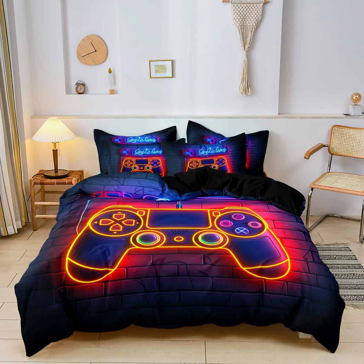 A dark blue duvet cover featuring a glowing orange and purple video game controller design.