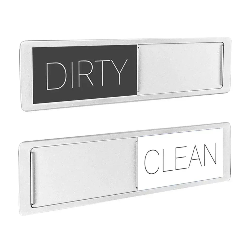 A pair of magnetic signs labeled DIRTY in black and CLEAN in white for use on dishwashers or refrigerators.