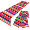 Vibrant Mexican Serape table runner featuring colorful stripes and tassels.