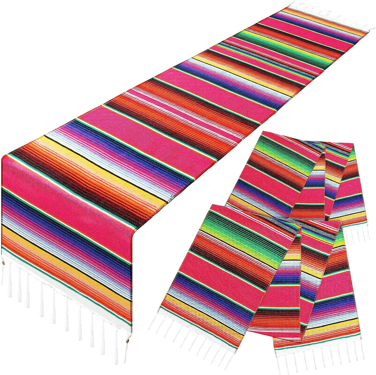Vibrant Mexican Serape table runner featuring colorful stripes and tassels.
