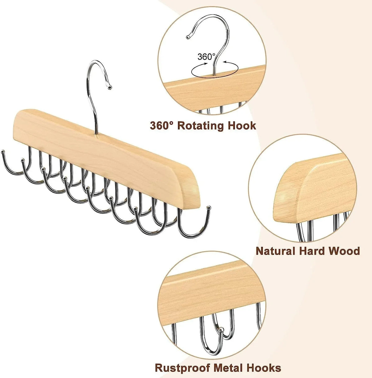 A wooden belt organizer rack featuring 14 rustproof metal hooks and a 360-degree rotating hook.