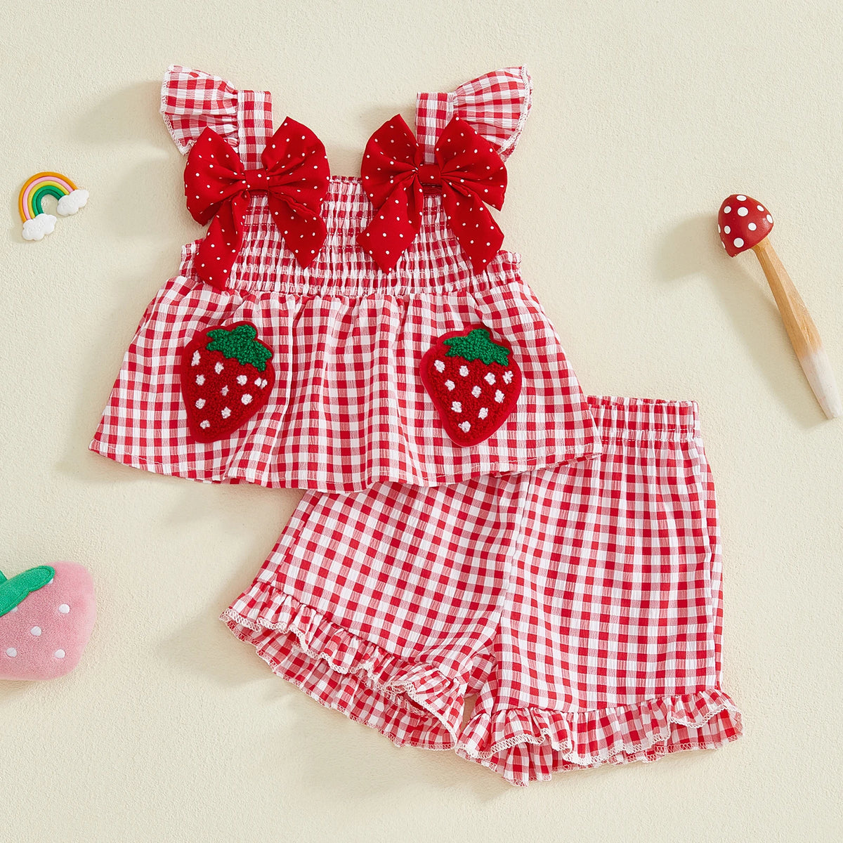 Strawberry Embroidered Plaid Tank Top and Shorts Set for Toddler Girls