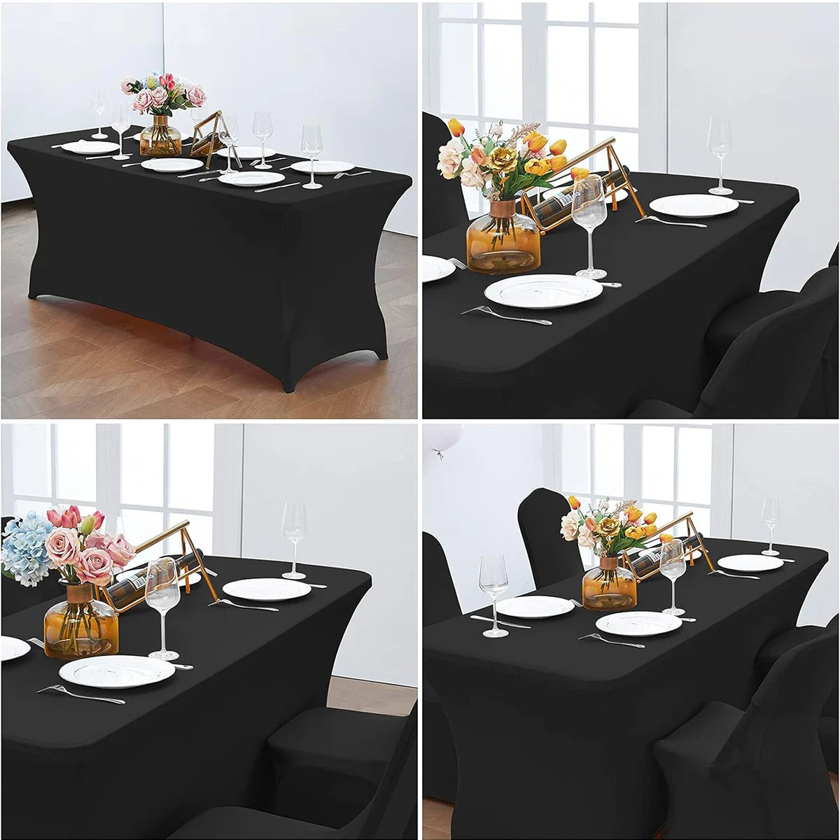 Black stretchable spandex tablecloth covering rectangular dining tables set with plates and floral centerpieces