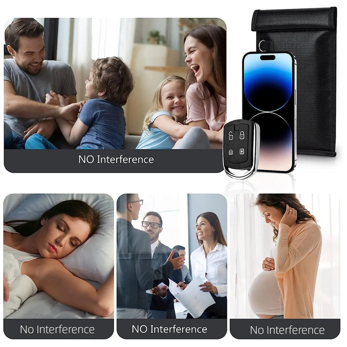 Black RFID blocking Faraday bag protecting car keys and phones from interference