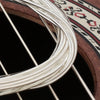 Close-up of silver guitar strings coiled around a wooden fretboard with decorative inlay.