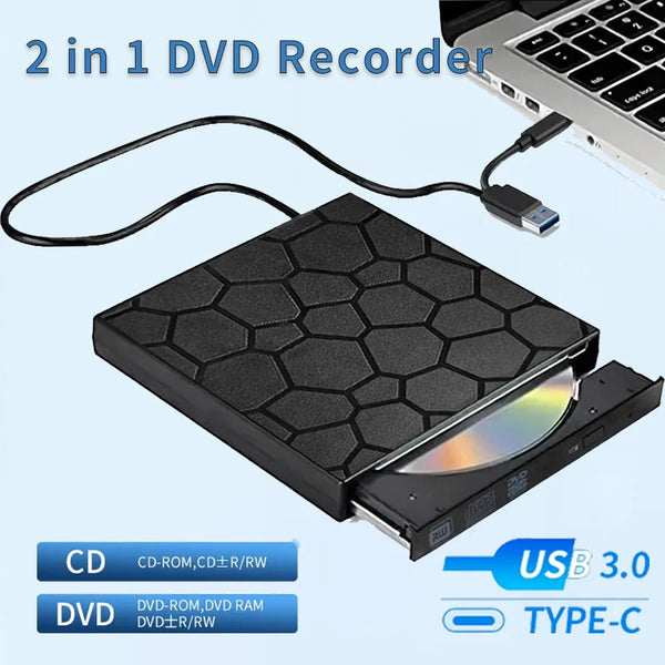Schwarzer 2-in-1 DVD-Recorder mit CD/ROM und DVD/R/RW, verbunden über USB 3.0 Type-C.