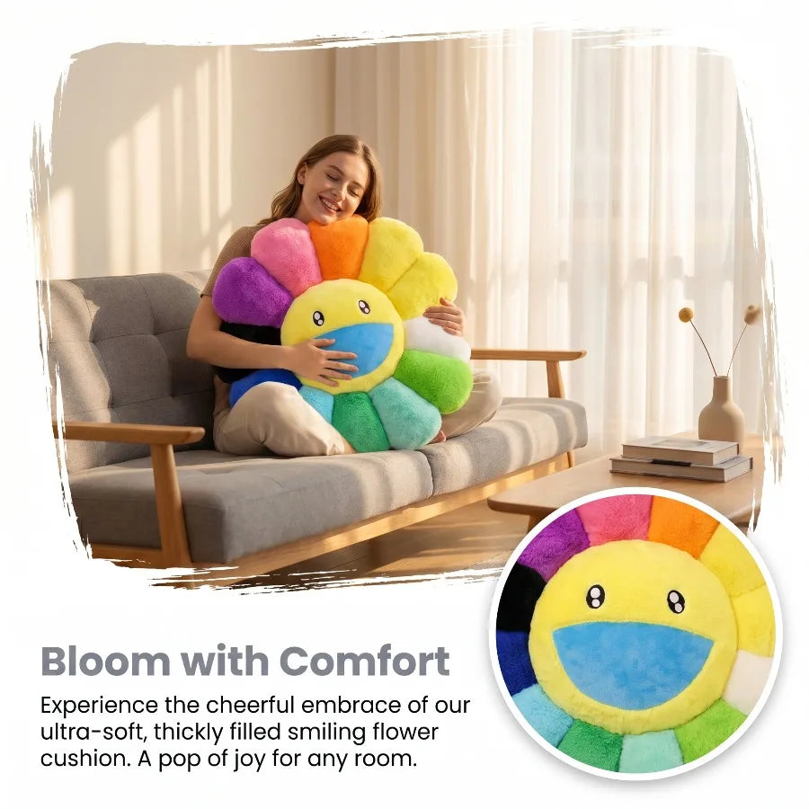 A woman is sitting on a sofa surrounded by a large, colorful sunflower plush cushion.
