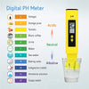 A yellow digital pH meter is shown next to a color-coded chart listing various acidic, neutral, and alkaline substances.