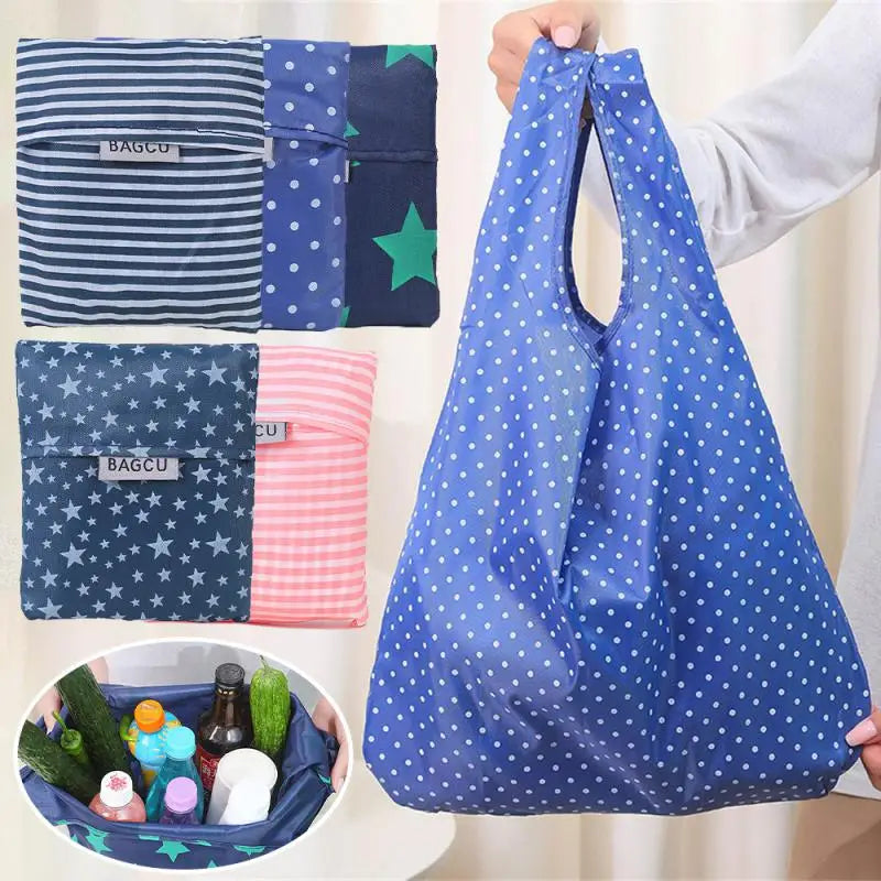 A blue polka dot shopping bag is shown alongside various folded bags in different colors and patterns.