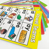 A set of colorful phonics learning cards for early readers showing various vowels.
