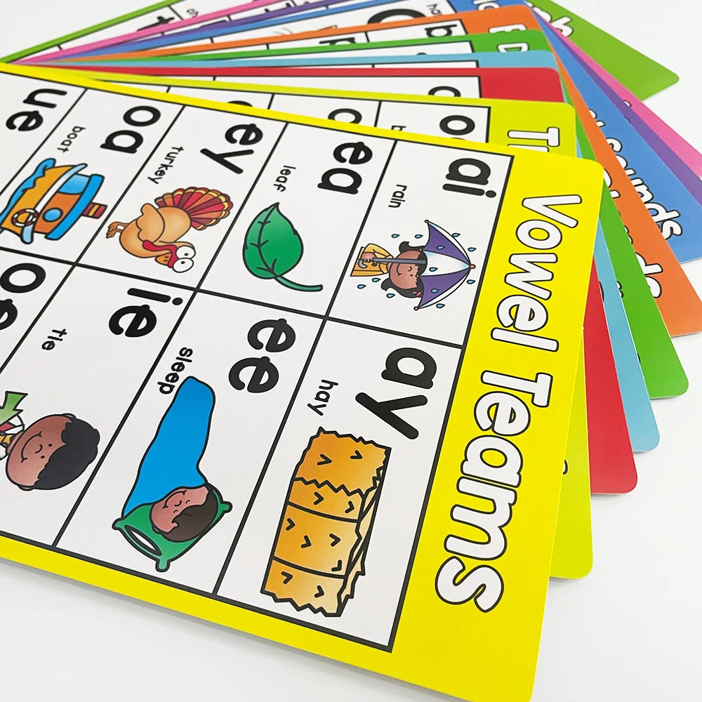A set of colorful phonics learning cards for early readers showing various vowels.