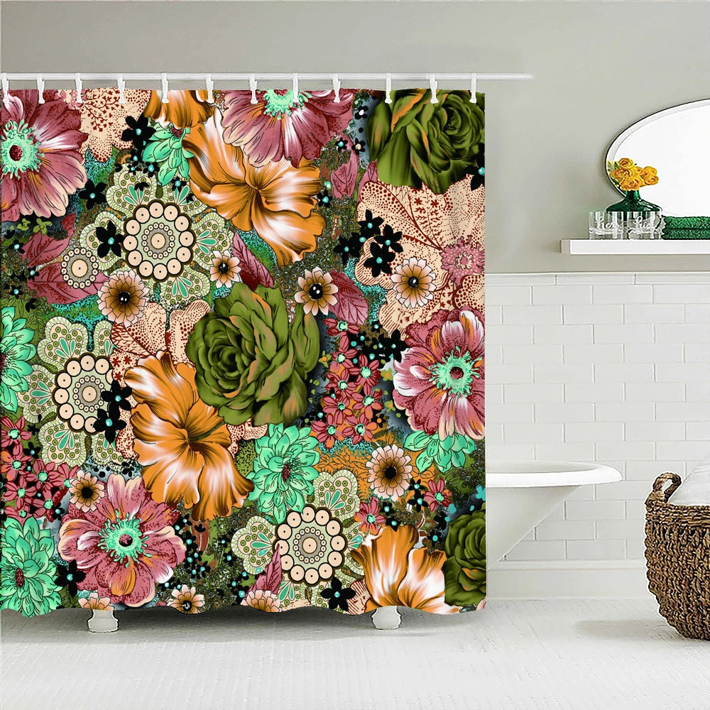 Mandala Boho Shower Curtain with Floral Print