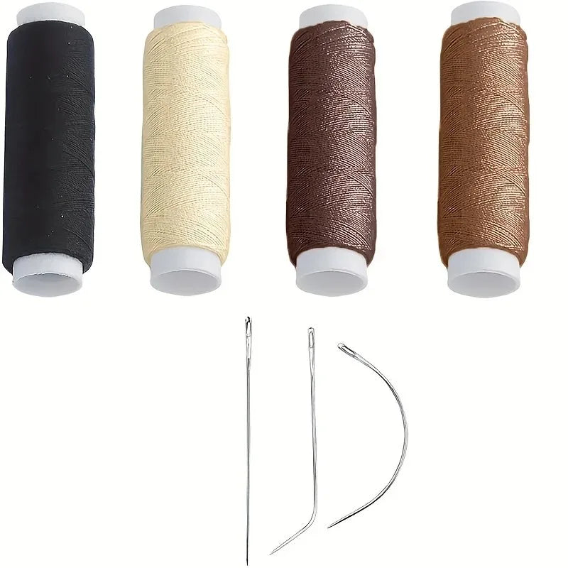 Four spools of nylon hair weaving thread in black, cream, brown, and gold with a sewing needle.