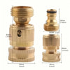 A brass garden hose quick connect kit featuring a 2-piece set with various sized fittings and dimensions.