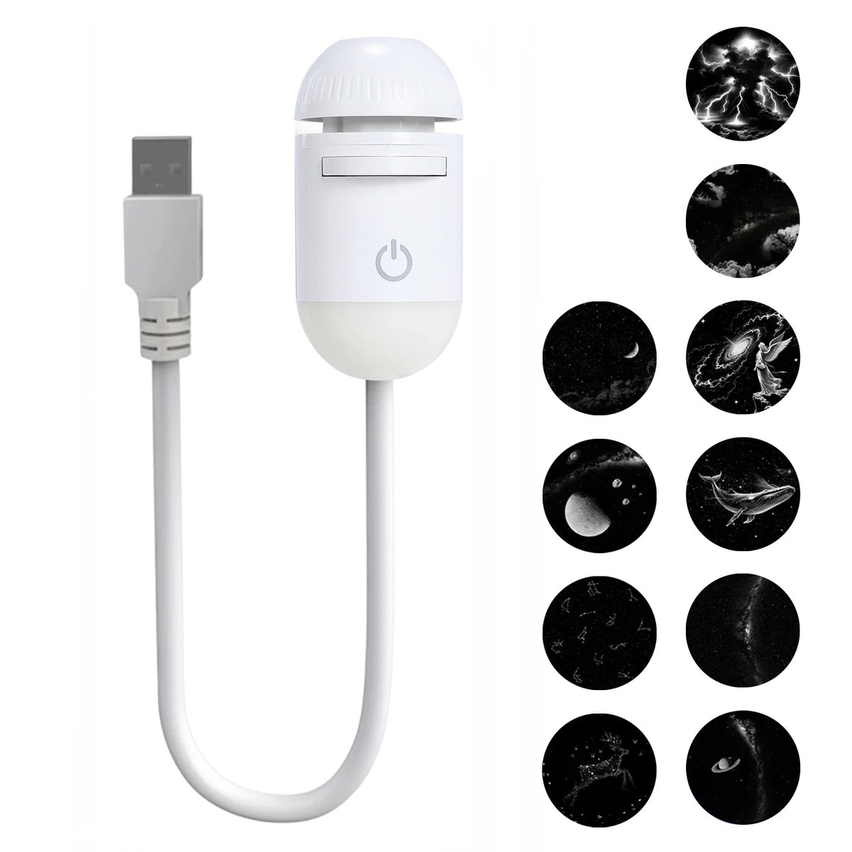 A white 2-in-1 mini projector night light with a USB connector and multiple star patterns displayed on the side.