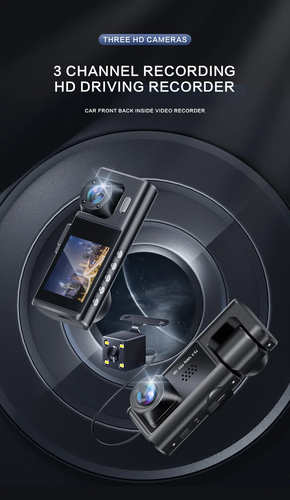 A black HD driving recorder with three cameras is shown inside a car, featuring front and back recording capabilities.