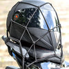 Black universal motorcycle bungee cargo net with scratch-free hooks installed on a motorcycle helmet.