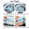Instructions showing how to add detergent, dissolve it, and clean the filter screen of a washing machine lint and hair catche