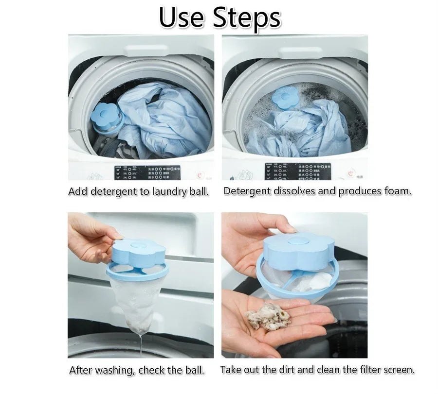 Instructions showing how to add detergent, dissolve it, and clean the filter screen of a washing machine lint and hair catche