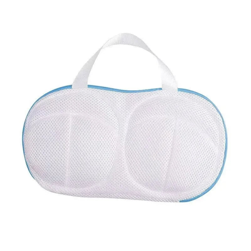 White laundry bag with light blue trim and a handle, designed for anti-deformation protection.