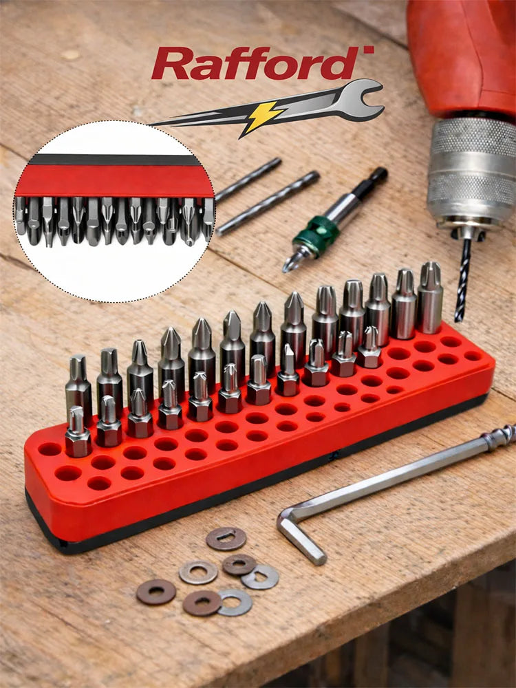 A red magnetic screwdriver bit holder rack with multiple screwdriver bits and a screwdriver tool on a wooden surface.