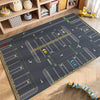 A dark gray play mat depicting a cartoon car traffic layout for kids in a nursery or playroom.