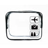 Clear quart-size toiletry bag with icons for travel items like a plane and luggage