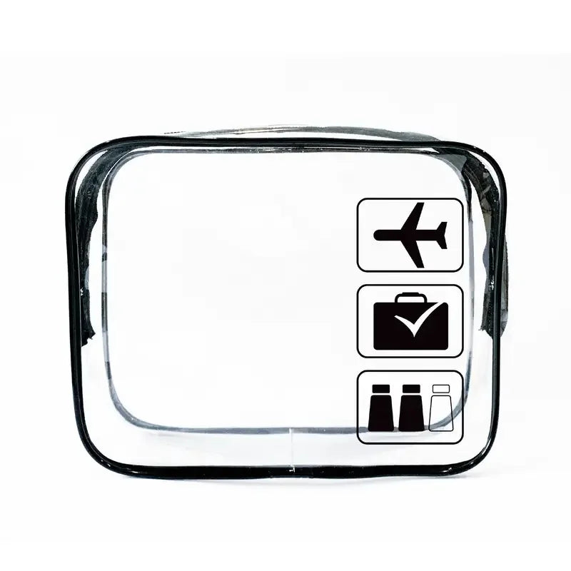 Clear quart-size toiletry bag with icons for travel items like a plane and luggage