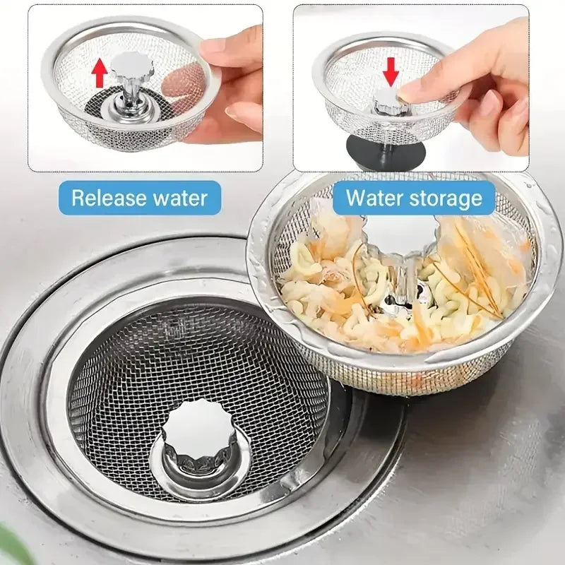 Colador de fregadero de acero inoxidable con mango y tapón, mostrando funciones de liberación y almacenamiento de agua