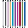 A vertical display of multiple precision dual-tip capacitive styluses in various colors including black, pink, yellow, cyan, 