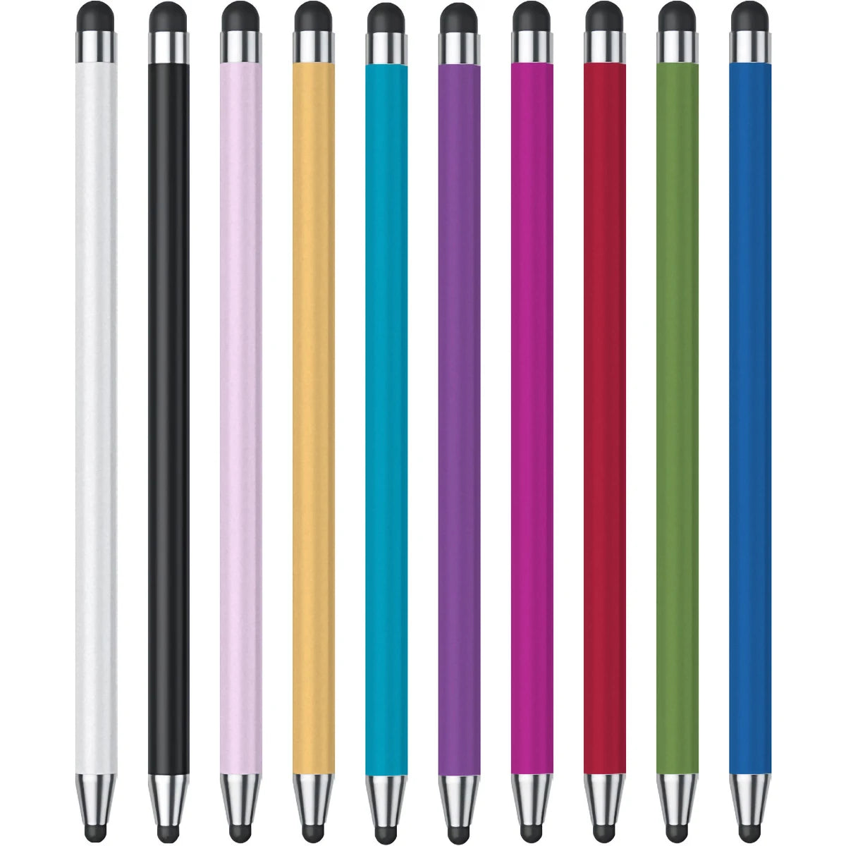 A vertical display of multiple precision dual-tip capacitive styluses in various colors including black, pink, yellow, cyan, 