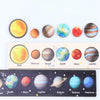 A collection of wooden solar system puzzles showing planets like Sun, Mercury, Venus, Earth, Mars, Jupiter, Saturn, Uranus, N