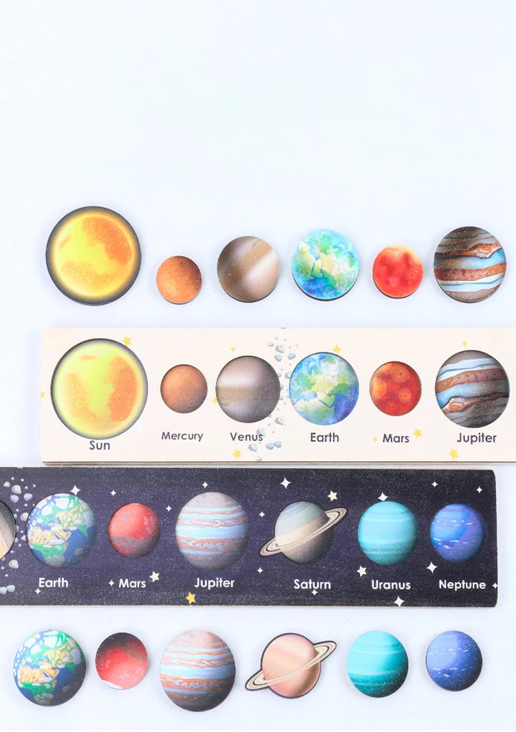 A collection of wooden solar system puzzles showing planets like Sun, Mercury, Venus, Earth, Mars, Jupiter, Saturn, Uranus, N