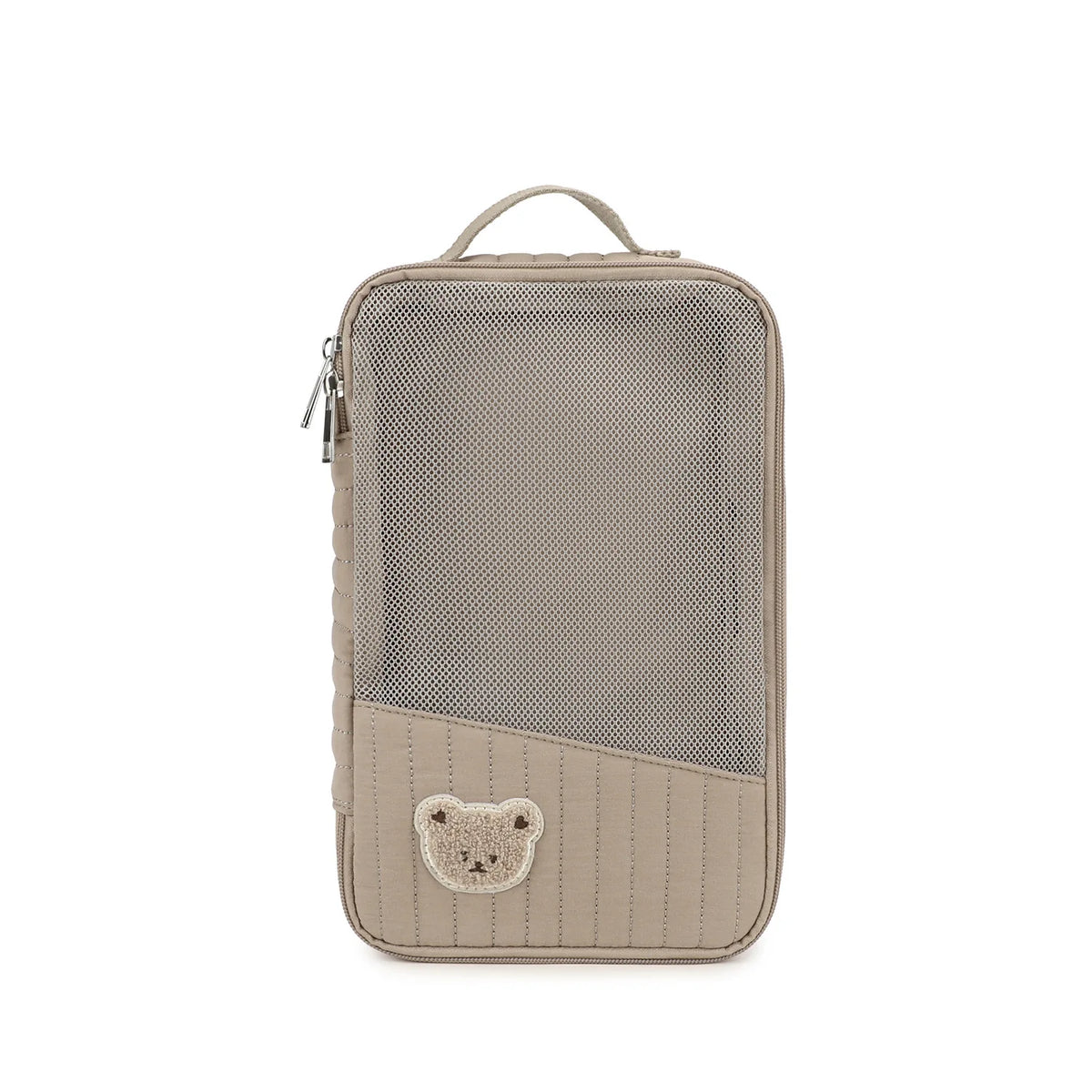 A beige stroller hanging diaper bag with a mesh front and a small bear patch on the bottom.