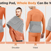 An orange heating pad is shown being applied to various parts of the body including the belly, shoulder, waist, and leg.