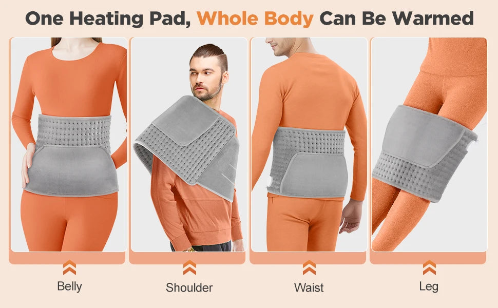 An orange heating pad is shown being applied to various parts of the body including the belly, shoulder, waist, and leg.