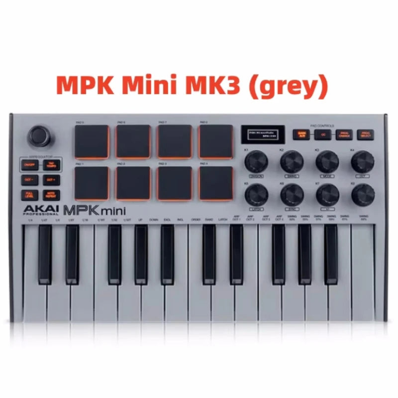 Grey AKAI MPK Mini MK3 professional MIDI keyboard controller with drum pads and knobs