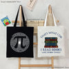 Black canvas tote bag featuring an optical illusion design of the Greek letter pi and text that says That's what I do I read 
