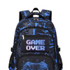 Blue and black angle display backpack featuring a Game Over graphic and a controller design.