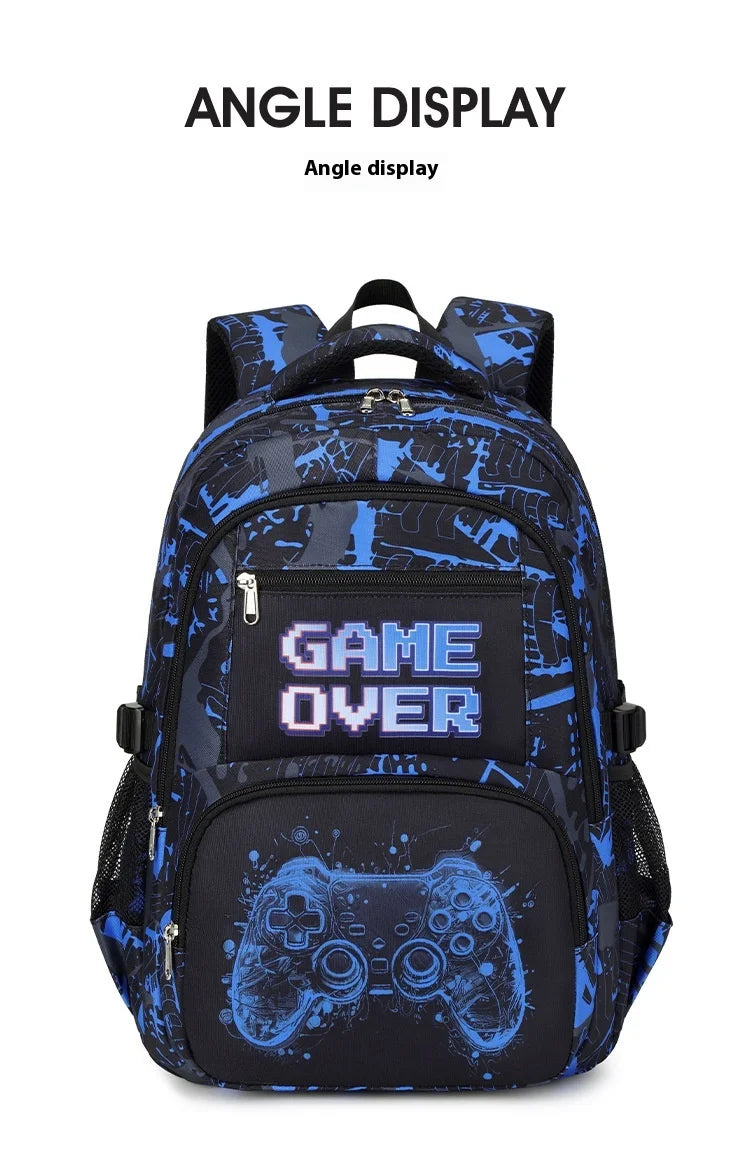 Blue and black angle display backpack featuring a Game Over graphic and a controller design.