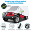 All-weather outdoor car cover for a Jeep Wrangler featuring reflective stripes and durable straps